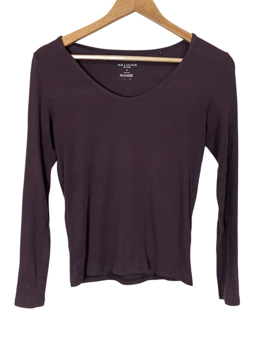M.M. LaFleur Long Sleeve Ribbed Knit Scoop Neck Wine Purple T-shirt Size Small